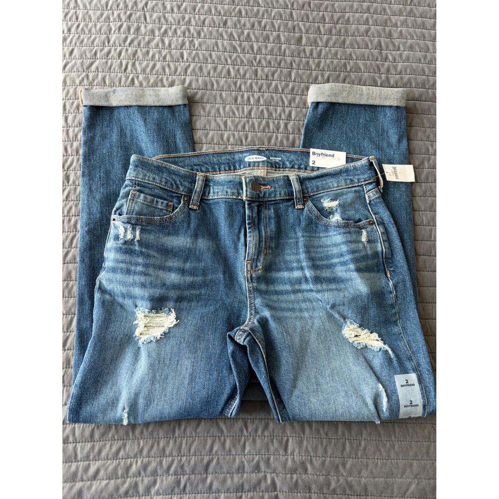 NWT Old Navy Boyfriend‎ Mid-Rise Distressed Jeans Medium Wash Blue Size 2 NEW - Picture 3 of 9